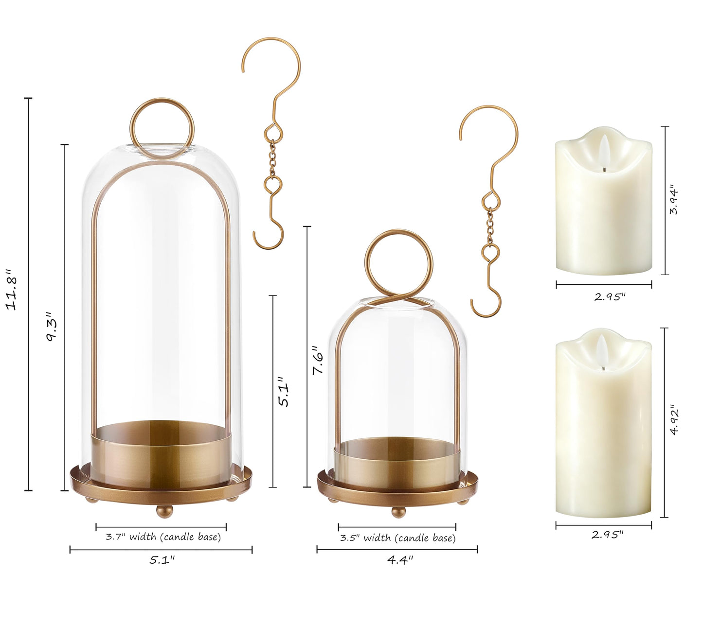 Gdfmsc Hurricane Metal & Glass Candle Holder Set of 2 with Timer Candles, Decorative Candlestick Pillar Holder with Clear Glass for Wedding Party Holiday Dining Table Centerpiece Lanter, Gold