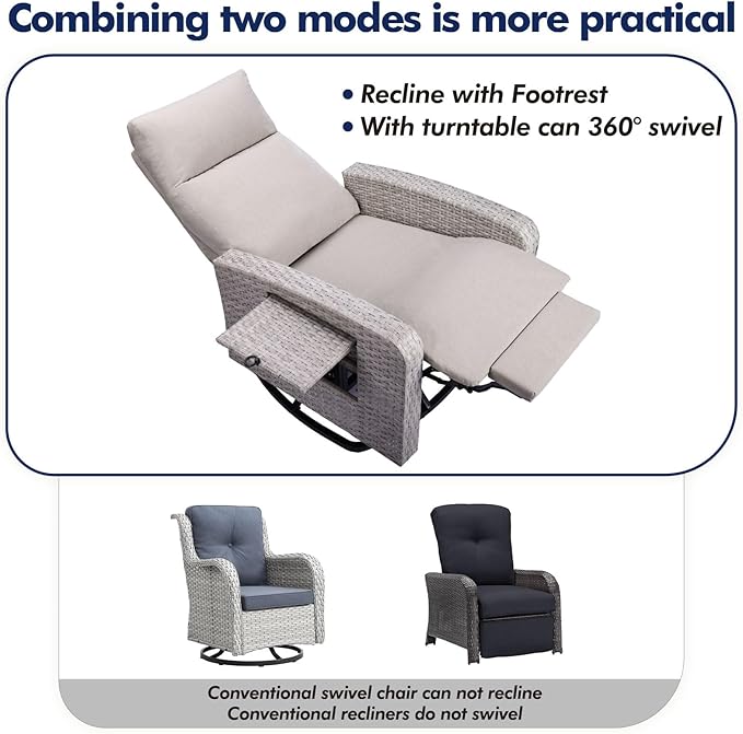 Outdoor Recliner Chair Set of 2, Wicker Patio Recliners with Adjustable Backrest and Extended Foot Rest, Reclining Patio Chairs with Flip Table & Removable Cushion Cover for Porch