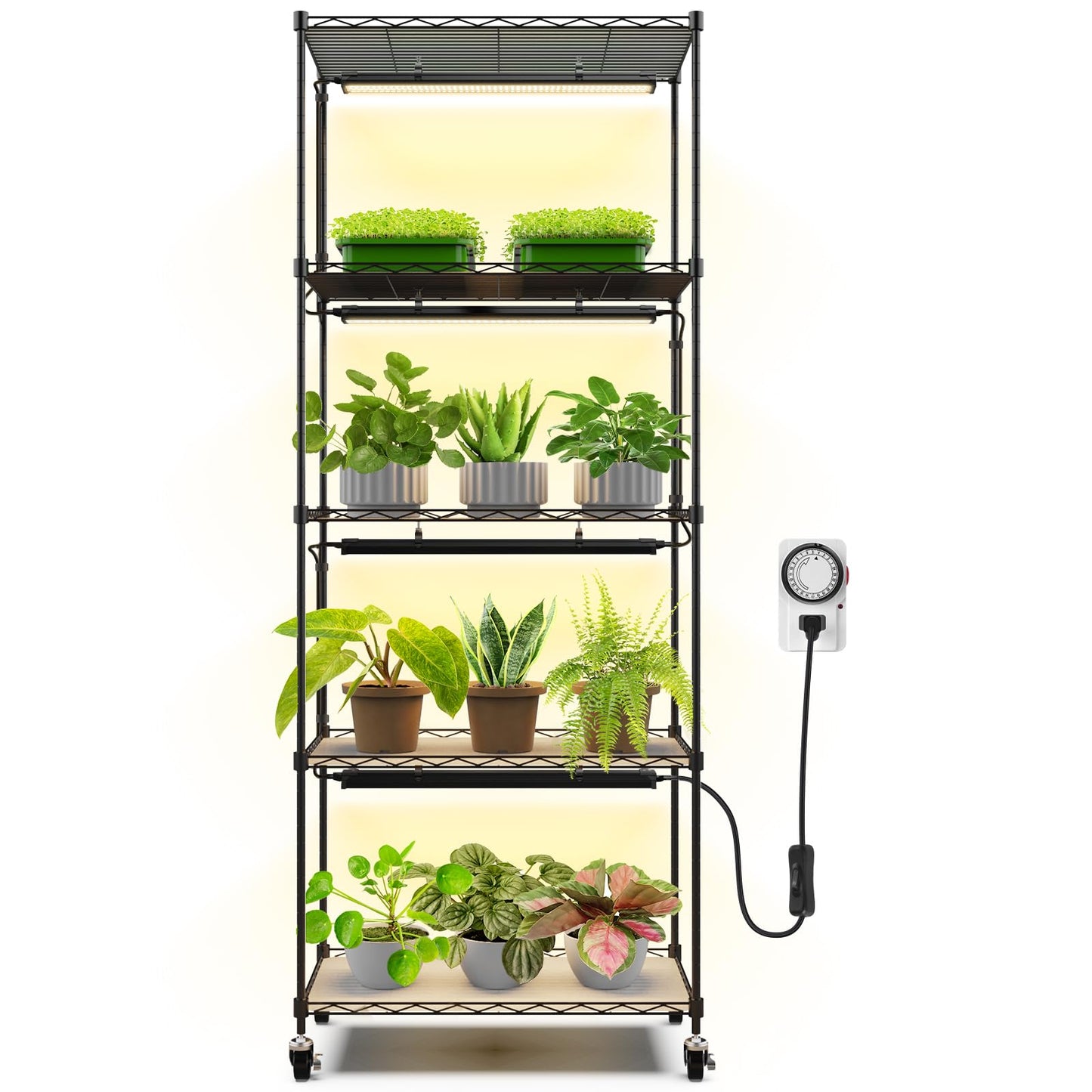 CX91 5-Tier Plant Stand with Grow Lights for Indoor Plants, Metal Plant Shelf Display Rack with 1.6FT 25W(Per Light) Full Spectrum Plant Lights for Indoor, Balcony, Living Room, 23.6x13.8x59IN
