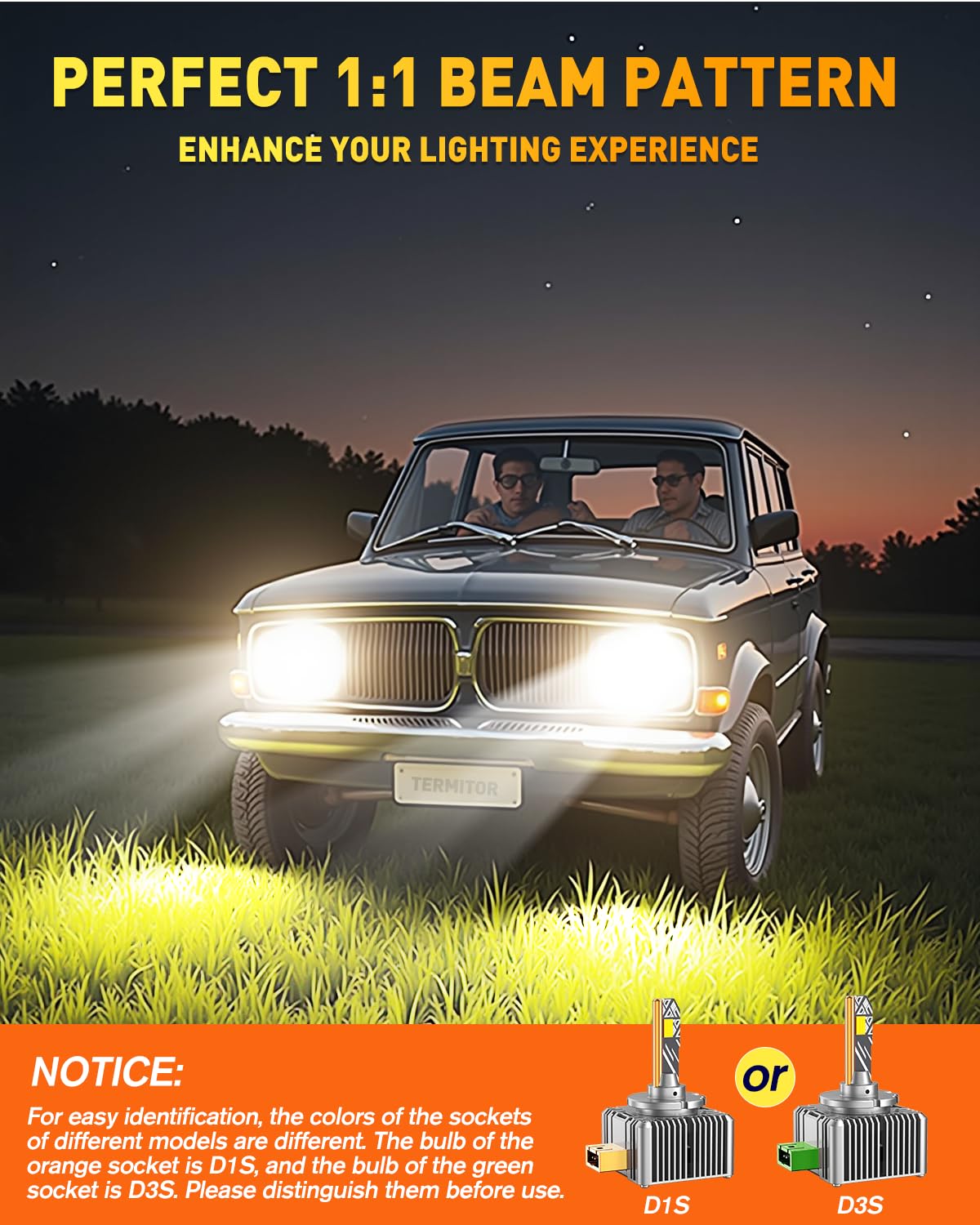 Termitor D1S D1R LED Bulbs, 36000LM 900% Brightness, 6500K Cool White, 1:1 D1S HID Bulb size, Plug and Play Xenon HID Replacement Bulbs, Pack of 2