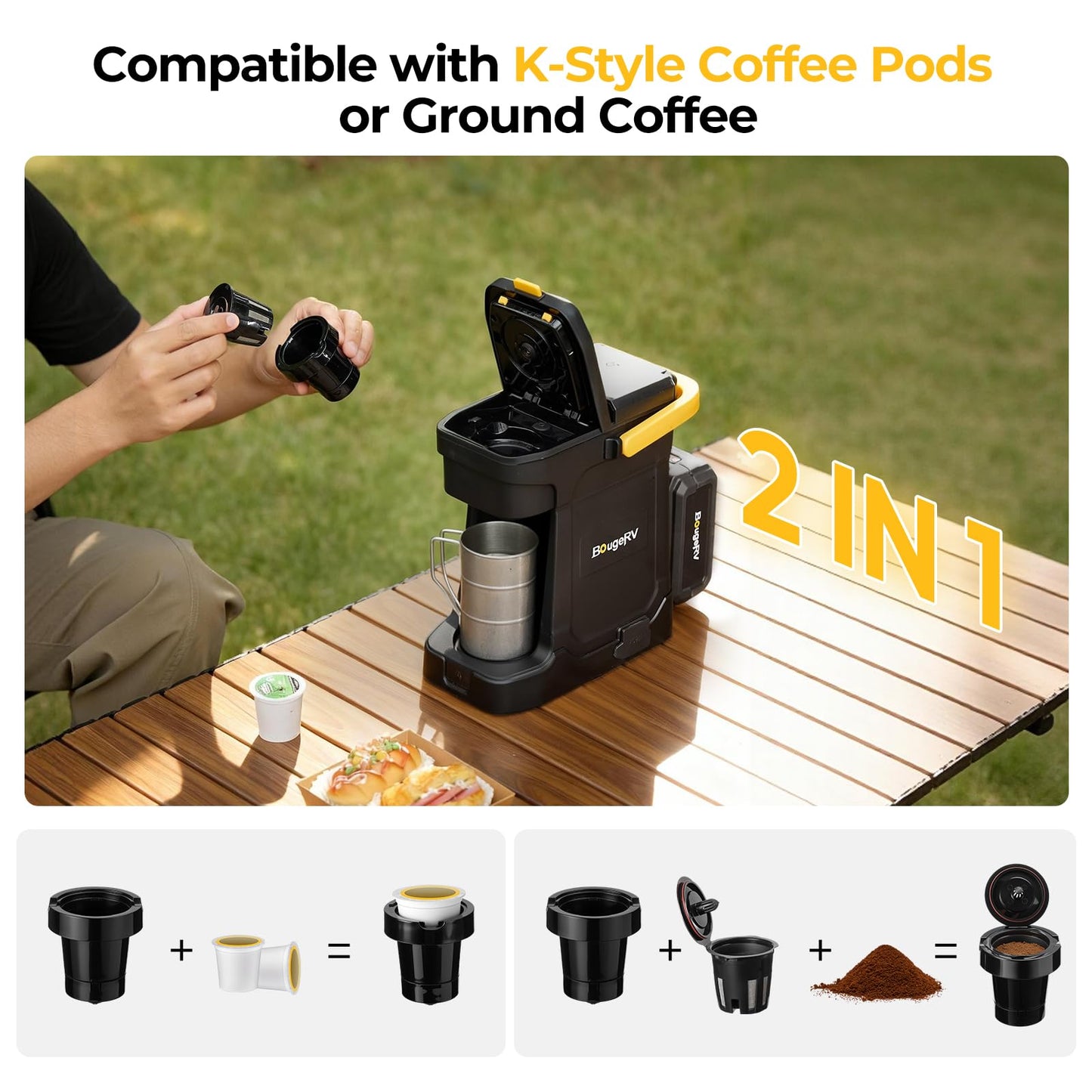 BougeRV Coffee Maker with 18V 8Ah Battery Powered Compatible with K Cup Coffee Pods & Ground Coffee, Portable Coffee Maker Cordless with AC/DC Power for Travel, Camping, Outdoor, Jobsite, RV, Home