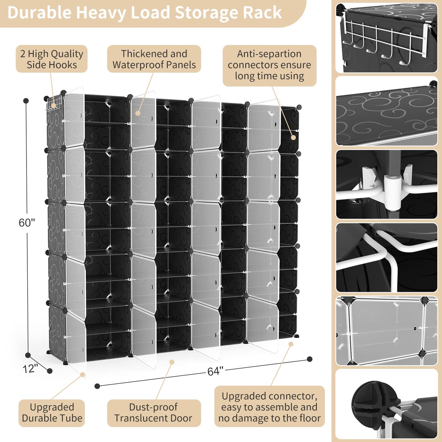 WEXCISE Portable Shoe Rack Organizer with Door, 80 Pairs Shoe Storage Cabinet Easy Assembly, Plastic Adjustable Shoe Storage Organizer Stackable Detachable Free Standing DIY Expandable 10 Tier Black