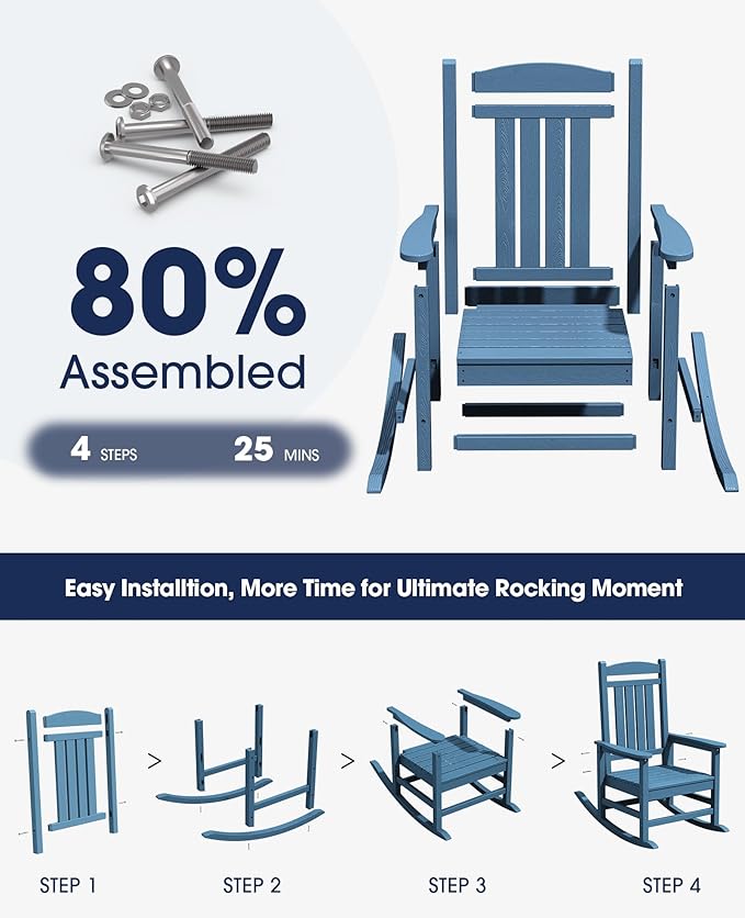 KINGYES HDPE Outdoor Rocking Chair, Widened Seat Patio Rocking Chair, Oversized All Weather Patio Rocker, Navy