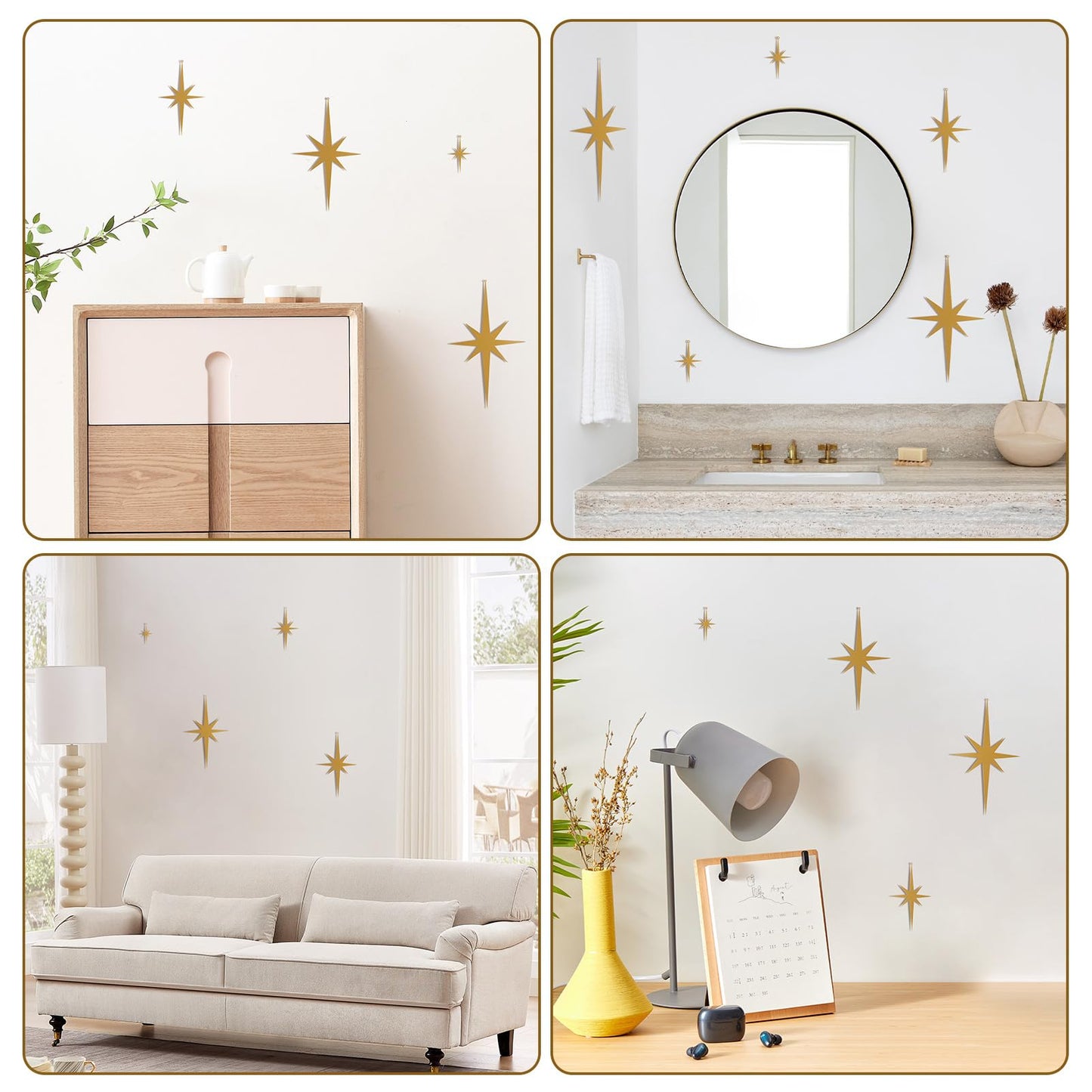 8 Pcs Gold Star Mid Century Modern Decor, 4 Sizes Retro 8 Pointed Atomic Stars Metal Wall Art, Make Your Home Elegant and Beautiful, Well Hangings for Living Room, Office, Bedroom
