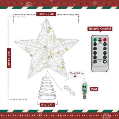 Roylvan Christmas Star Tree Topper with 8 Lighting Modes, USB Lighted Tree Topper with 20 LED Lights, Shiny Treetop Christmas Tree Decoration for Indoor Outdoor Holiday Home Ornament Gift, 9.8 Inch(H)