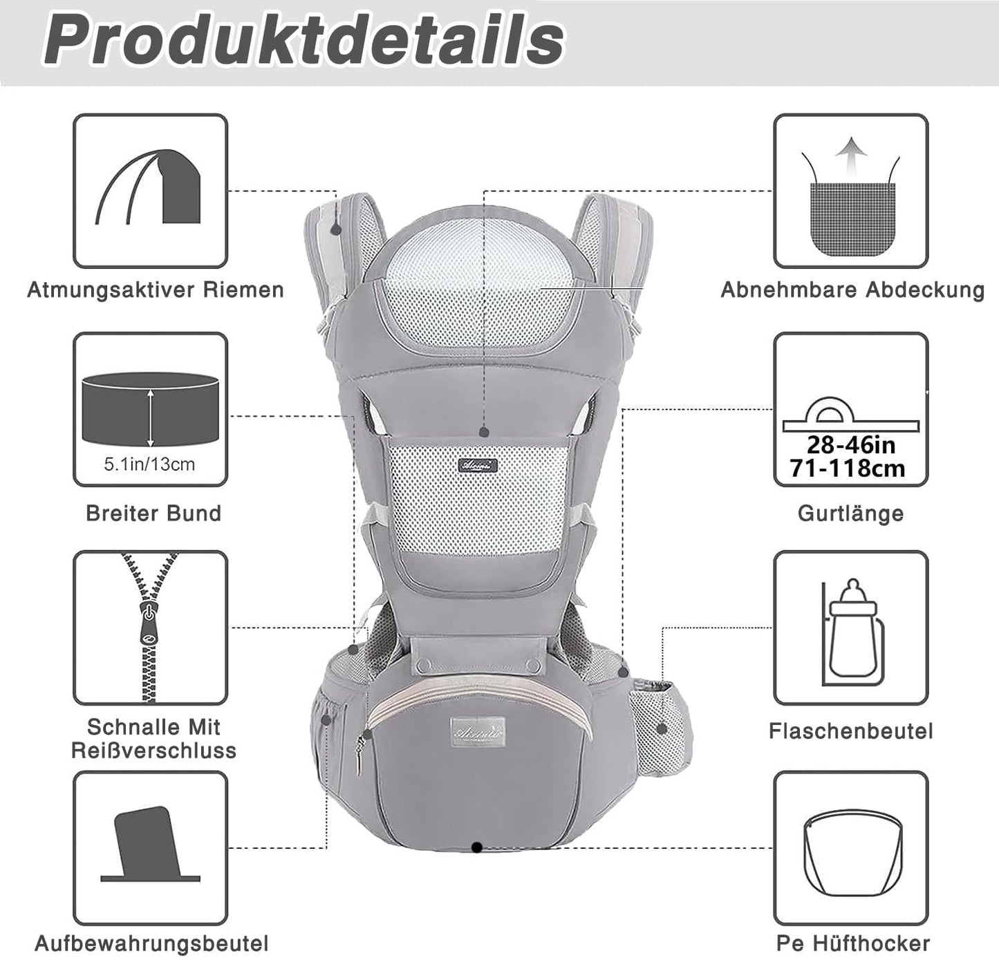 TOFFCAE Baby Carrier - Multifunction, Ergonomic, 6-in-1 Carrying Ways, Adjustable with Hip Seat, Newborn to Toddler (0-36 Months, 3-30 kg), Grey