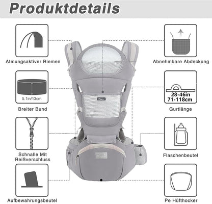 TOFFCAE Baby Carrier - Multifunction, Ergonomic, 6-in-1 Carrying Ways, Adjustable with Hip Seat, Newborn to Toddler (0-36 Months, 3-30 kg), Grey