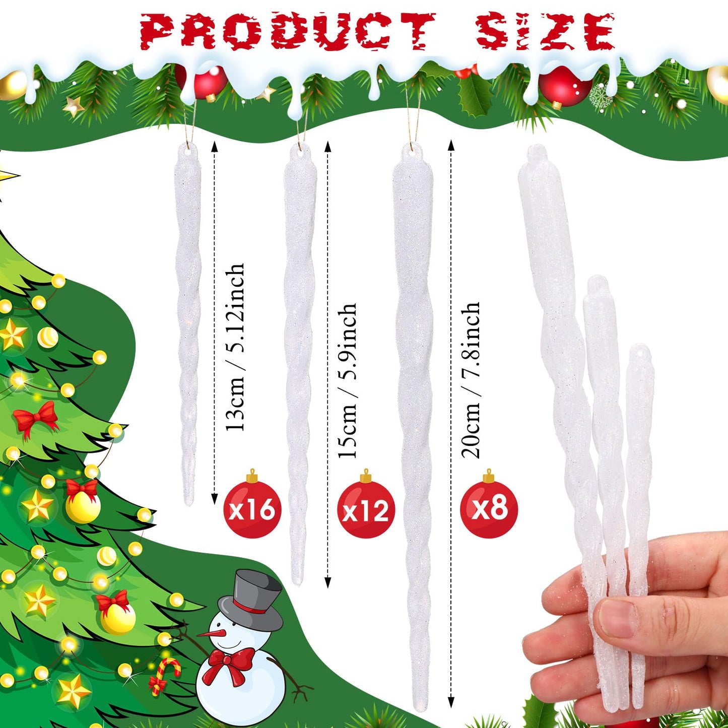Boao 36 Pieces Icicles Ornament Set 5.12-7.8 Inch Twisted Acrylic Drop Icicle Christmas Tree Hanging Ornaments Decorations for Christmas Wedding Winter Holiday (White)