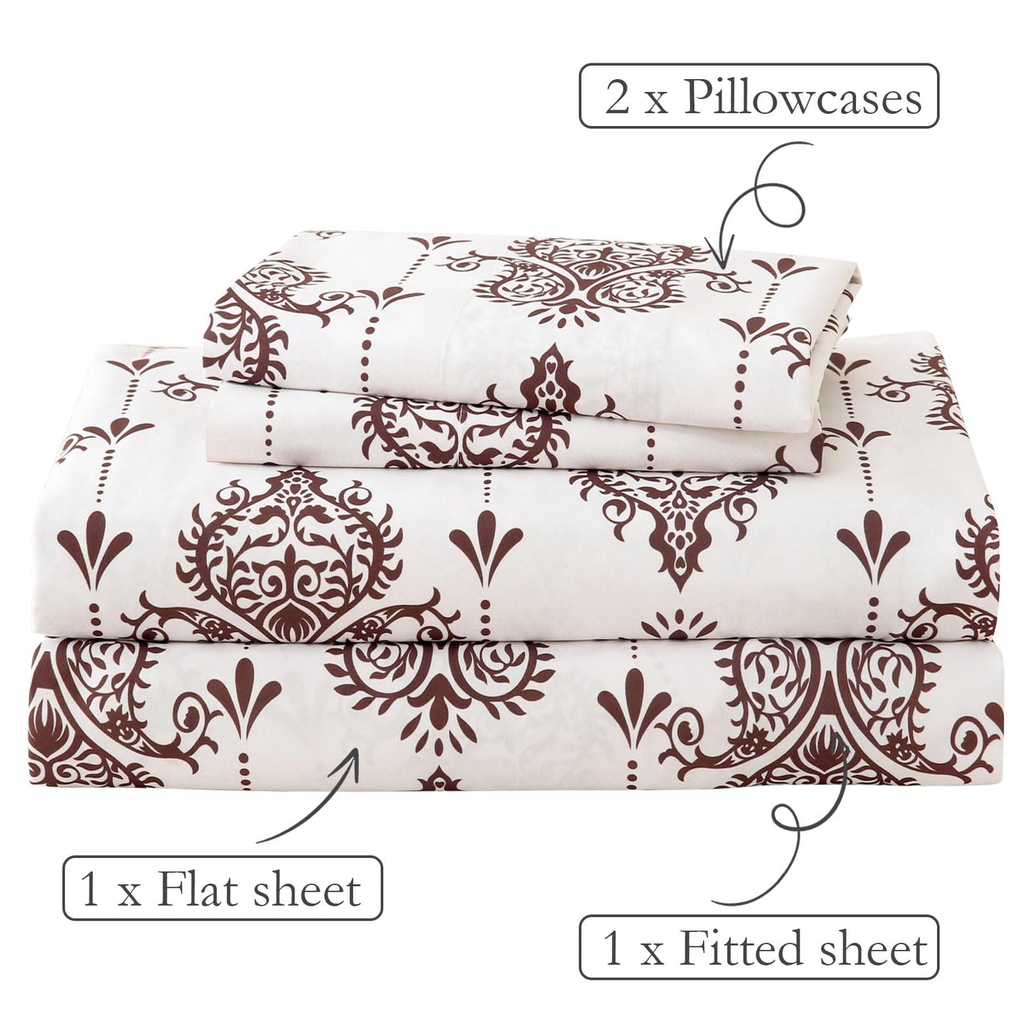 ChicView Queen Size Paisley Printed Sheet Set,4 Pieces Boho Style Breathable Soft Microfiber Bedsheets, Anti Pilling Deep Pockets Easy Care Bed Sheets, Brown