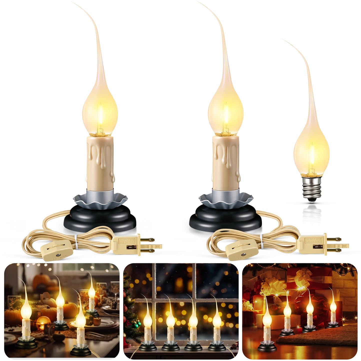 Enhon 2 Pack 3 in Rustic Country Candle Light with Replacement LED Bulbs, UL Certification Electric Christmas Window Candles Light with On/Off Switch, 0.6W C7 Candlestick Lamp, 5Ft Cord