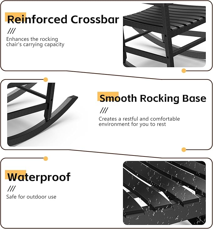 Patio Rocking Chair Outdoor Set of 2,Weather Resistant Poly Resin Oversized Porch Rocker,High Back Smooth Design,350lb Weight Capacity,Indoor Outdoor Use(2, Black)