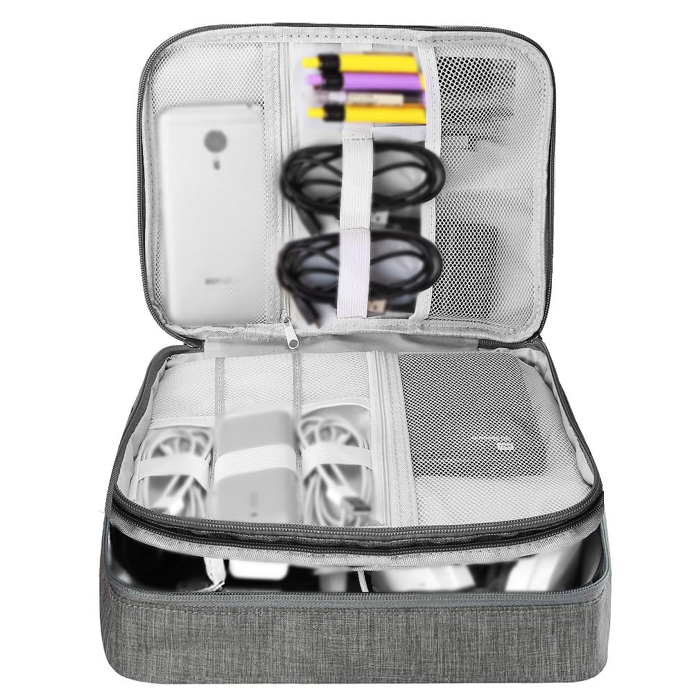 HCFGS Travel Cable Organiser Bag, Electronics Accessories Organizer Bag Extra Large 3-Layers Universal Carry Travel Gadget Bag for Power Bank, Memory Card, Data cable, Charger Hard Disk (Grey)