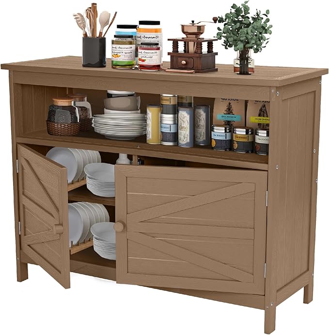 HIPS All-Weather Outdoor Storage Cabinet,Outdoor Sideboard with Magnetic Doors,3-Shelves Patio Storage Cabinet, Used for Garden,Buffet Cabinet,TV Stand, Bar Table,Balcony