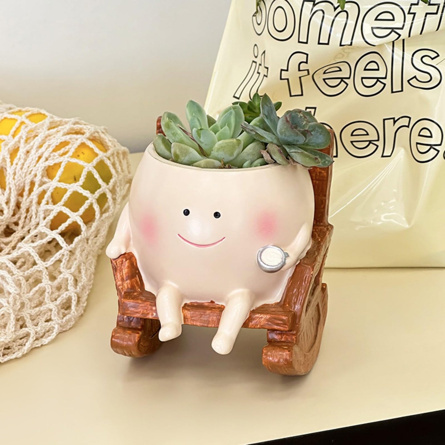 NMOHYDEU Smiley Face Planter Pot, Cute Rocking Chair Flower Pot, Small Resin Head Planters for Indoor Plants, Succulent Planter for Home Decor, Plant Lovers Gift for Birthday Christmas