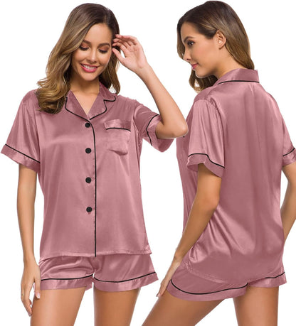 SWOMOG Womens Silk Satin Pajamas Set Short Sleeve Sleepwear Button Down Top and Shorts Loungewear 2 Piece Pjs Set XS-3XL