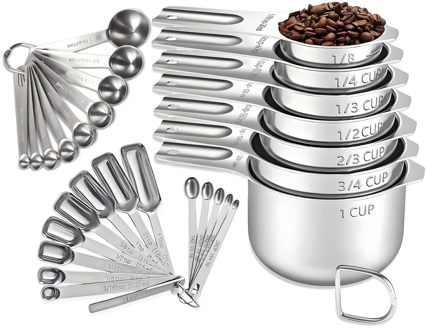 30PCS Measuring Cups and Spoons Set, 7 Nesting Measuring Cups, 18 Measuring Spoons and 5 Mini Spoons, Stainless Steel Kitchen Measuring Set for Dry and Liquid Ingredients, Perfect for Cooking & Baking