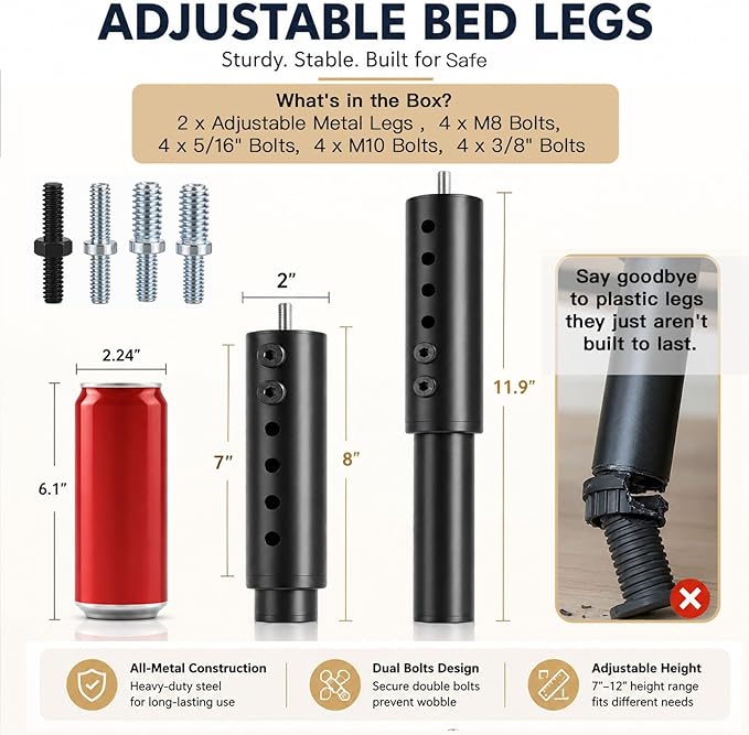 7-12 Inch Adjustable Bed Base Legs, Heavy Duty Metal Replacement Kit