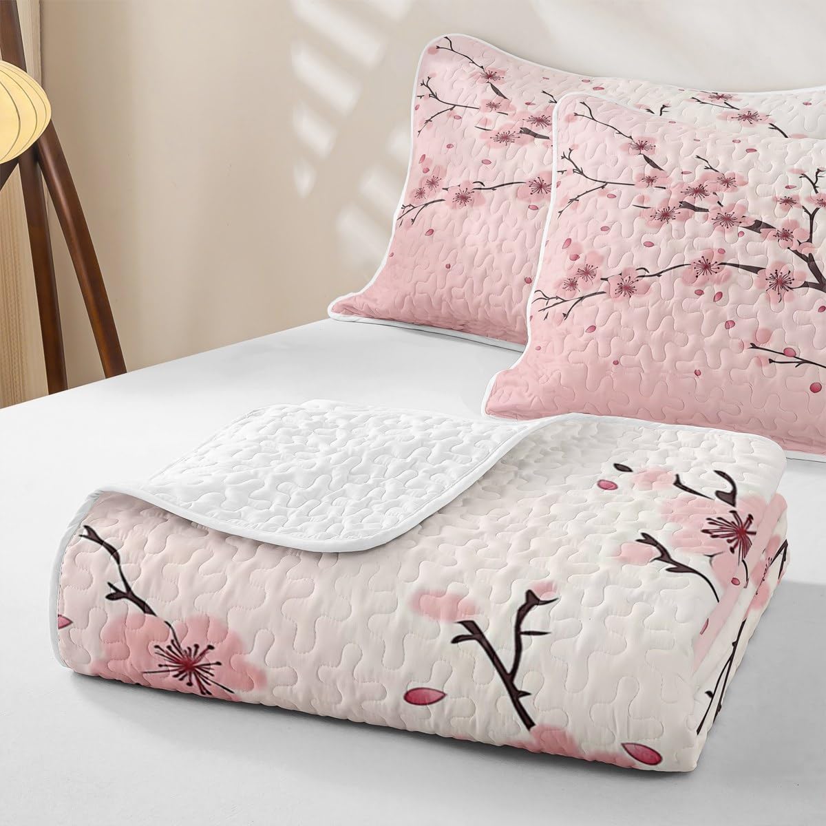 Erosebridal Girl Cherry Blossoms Quilt Full Japanese Style Quilt SetPink Flowers Quilted Bedspread Branches Plant Floral Bedding Coverlet with 2 Pillowcases