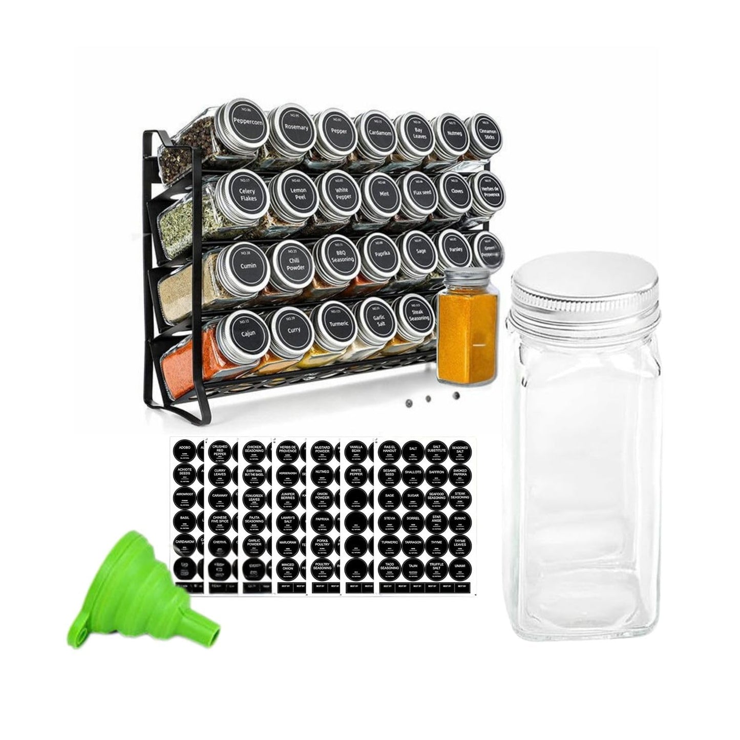ELITE BAY-Spice Jar Rack Organizer with KEEP – 4-Tier Organizer with 28 Empty Bottles, 180 Waterproof Labels (55 Blanks) & Funnel| Space-Saving Spice Storage for Kitchen Counter or Cabinet.