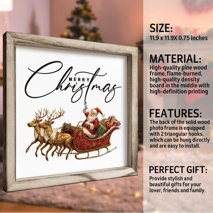 Christmas Wall Decor, Merry Christmas Santa Sleigh Wall Sign, Decorative Wooden Frame Decor, Farmhouse Holiday Art for Living Room Entryway, Framed MDF Hanging Decoration