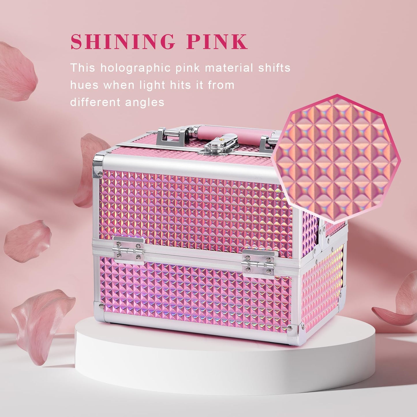 Joligrace Makeup Box Vanity Case Cosmetic Organiser Box Beauty Storage Train Case with Mirror, Lockable with Keys, Holographic Pink