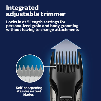 Philips Norelco Body Groomer 7000 Series, Men's Whole Body Groomer, Contour-Following 2D Flexing Head, Triple Protect Shave System & Intimate Body Hair Trimmer, 100% Showerproof, BG7480/50