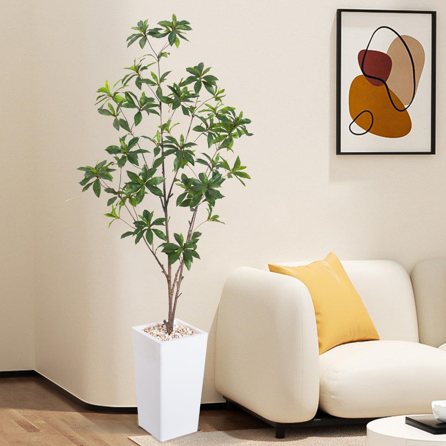 HAIHONG Artificial Brave Ficus Tree 5FT-Faux Tree with White Tall Planter-Fake Potted Tree with Silk Leaves-Tall Artificial Plants for Home Office Living Room Hallway Decor Indoor