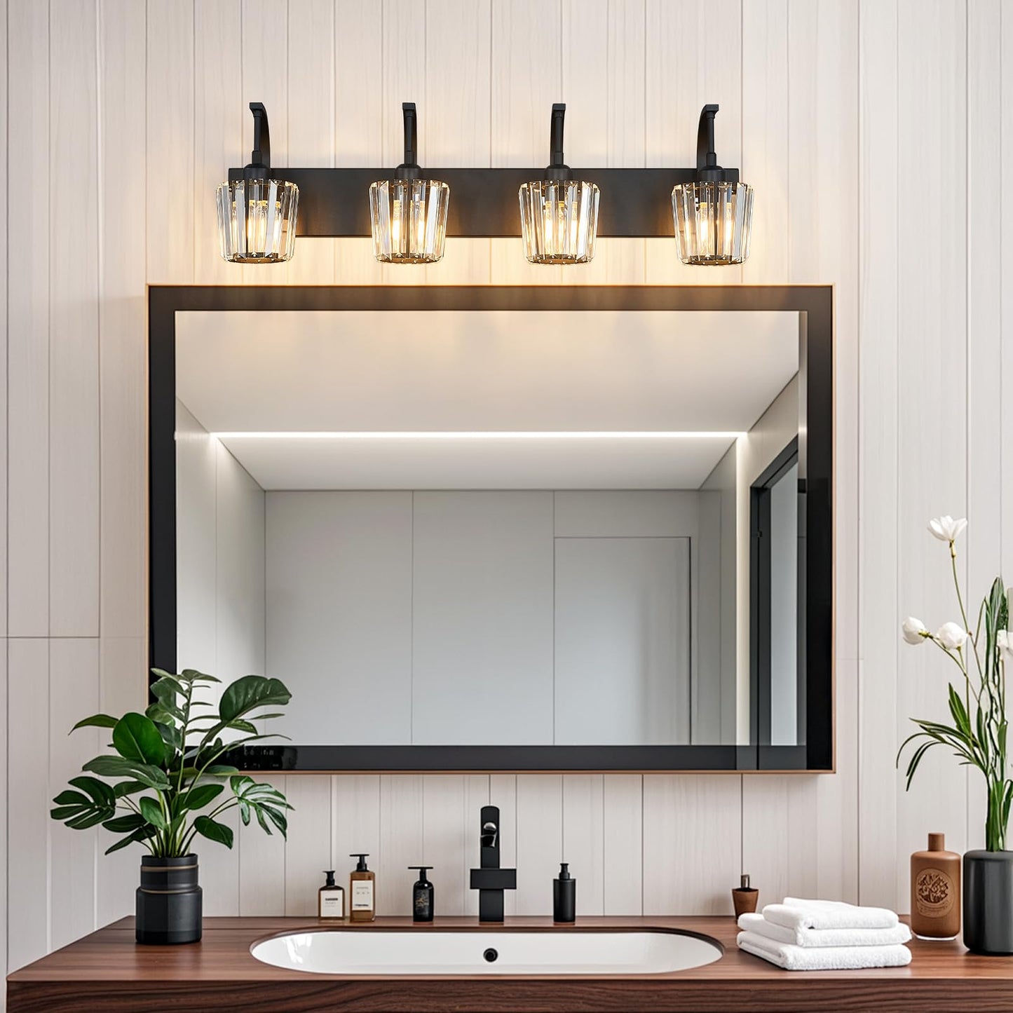 FDPBY Modern Bathroom Vanity Light, 4-Light Black Wall Sconce with Crystal Accents, Over Mirror Bathroom Lighting Fixture, 32.67" Long Dimmable Vanity Lamp for Makeup, Easy Installation