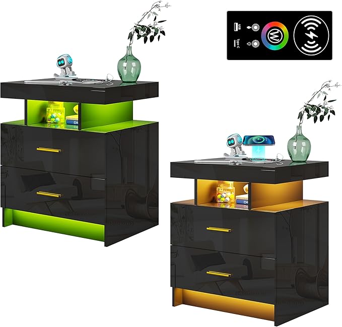 WOOVIVS Night Stand Set 2 with USB/Type-C/Wireless Charging Station, Blakc