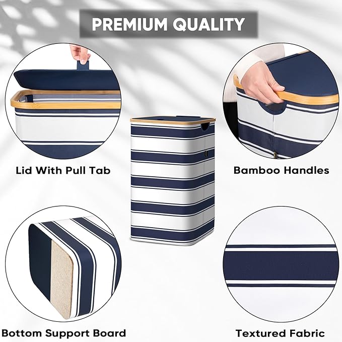 BALEINE Laundry Hamper with Lid, Tall Laundry Baskets with Bamboo Pull Handles