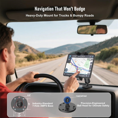 TeQable Industrial Tablet Mount for Truck&Vehicle, Heavy Duty Drill Base iPad Mount Holder for Car, Adjustable Aluminum Arm, Compatible w/ 4.7"-12.9" Devices, Perfect for Dashboard, Boats, Walls–Black