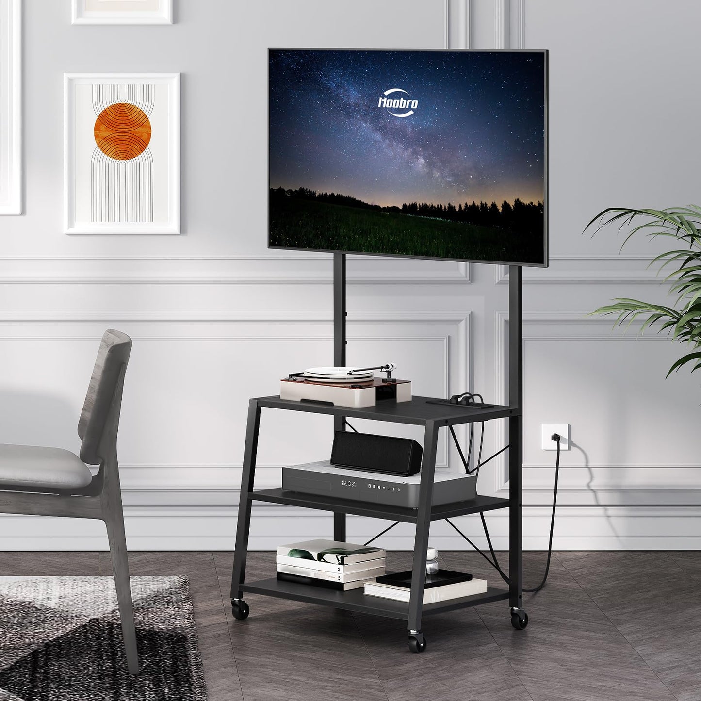 HOOBRO Rolling TV Stand with Mount and Power Outlet Up to 55 inch TV, Corner Entertainment Center, Small TV Stand with 3-Tier Storage Shelves for Living Room, Bedroom, Rustic Brown and Black BF66UDS01