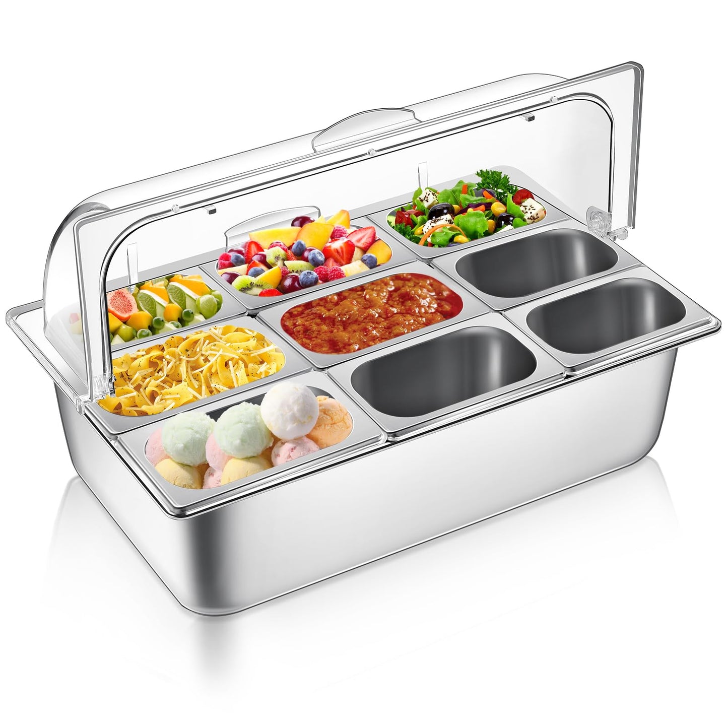 Ziliny Countertop Food Serving Display Container and Clear Roll Top Cover Stainless Steel Food Serving Tray Buffet Condiment Dispenser Display Rack for Restaurant Hotel Kitchen Party (9 Pan)