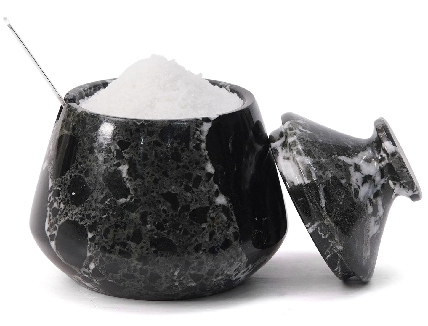 EARTHEN CRAFTS Marble Salt Cellar with Lid & Spoon, Black, 3" Salt Box Natural Stone Salt Holder For Countertop Salt Dish Spice Jar Seasoning Storage Containers for Kitchen Table Decor