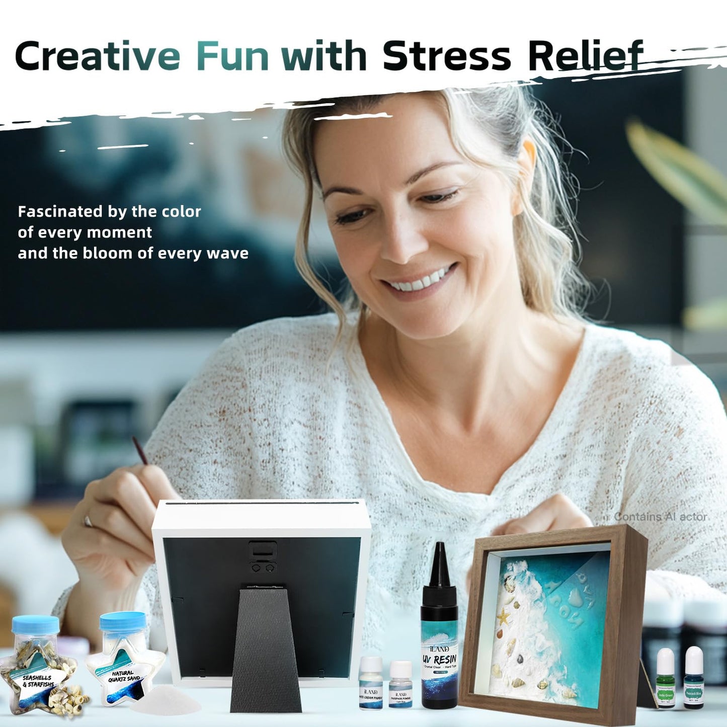 iLAND Crafts for Adults Zen Ocean Resin Art Kit, Creative Teen Crafts Resin Kit for Beginners, Crafting Hobbies for Women, DIY Sea Art Projects for Adults, Unique Beach Themed Gifts for Crafty Crafter