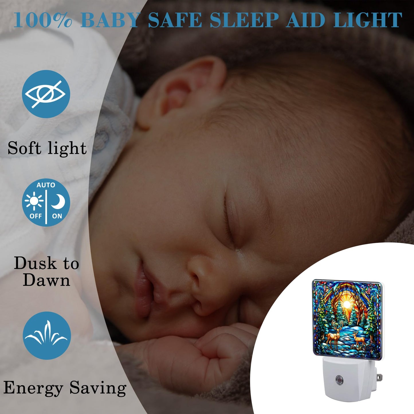 Uiaoiais Plug in Night Lights Christmas Stained Glass Deer Nightlight Plug Into Wall Dusk to Dawn Sensor LED Night Light for Kid Girls Boys Women Room Decor,Hallway,Kitchen,Bathroom,Nursery,Stairs