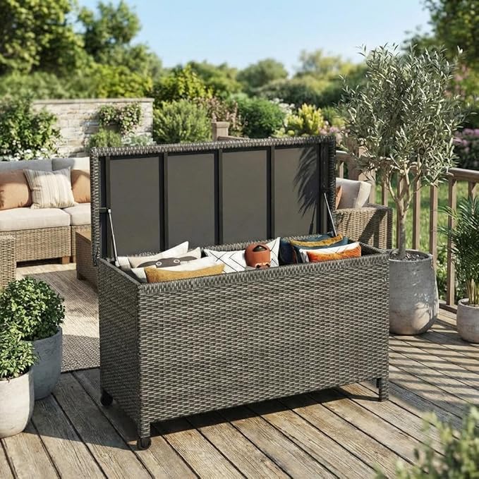 GarveeLife Medium Outdoor Wicker Storage Box, PE Rattan Patio Storage Chest