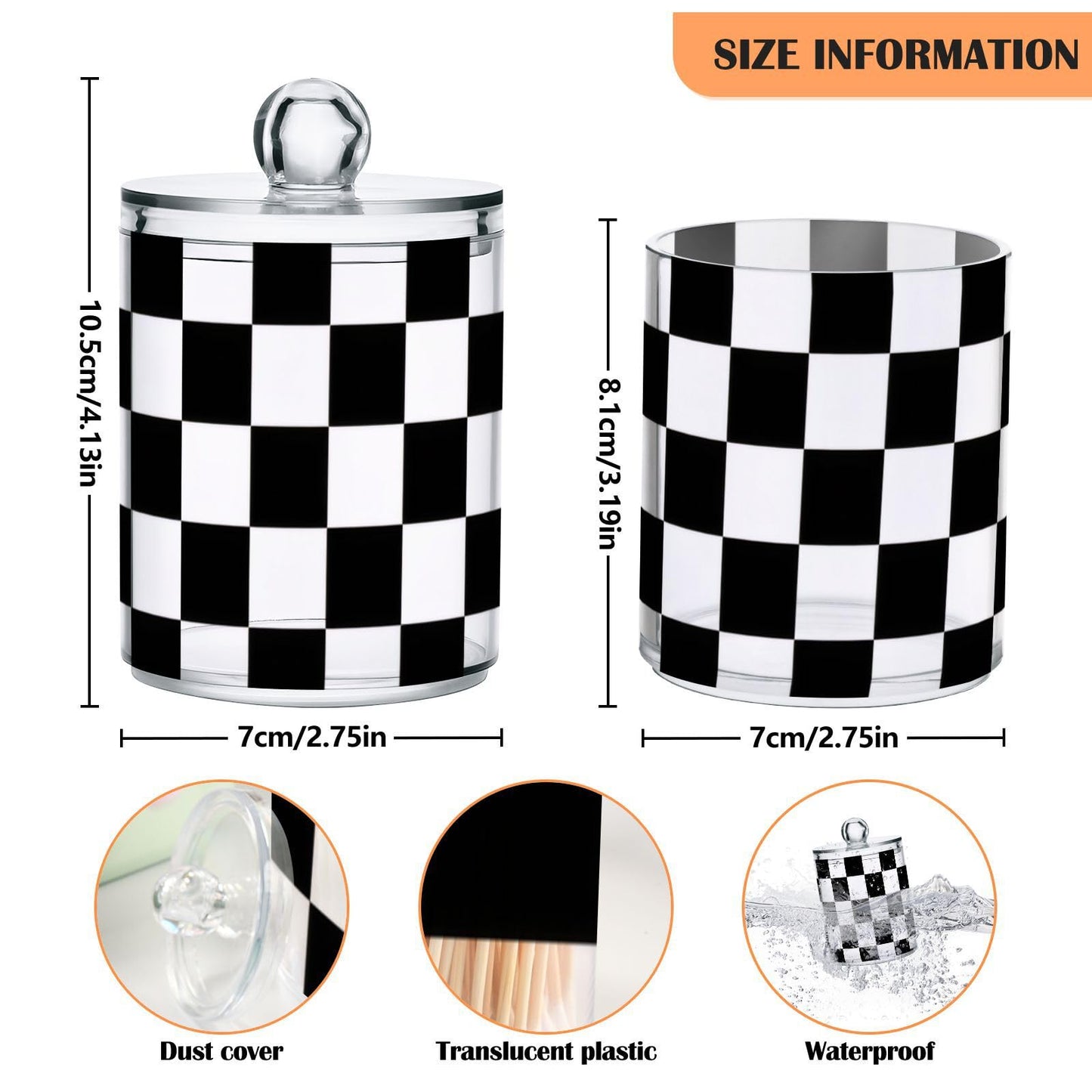 Gravopti Checkerboard 14oz Storage Jars with Lids, Clear Plastic Airtight Kitchen Food Canisters for Candy, Salt, Coffee Beans, 2 Pack