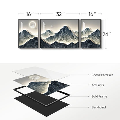 Framed Modern Mountain Wall Art for Living Room, 3 Piece Blue Luxury Bright Style Painting Prints, Landscape Moon Artwork for Dining Room Hallway Home Office Wall Decor