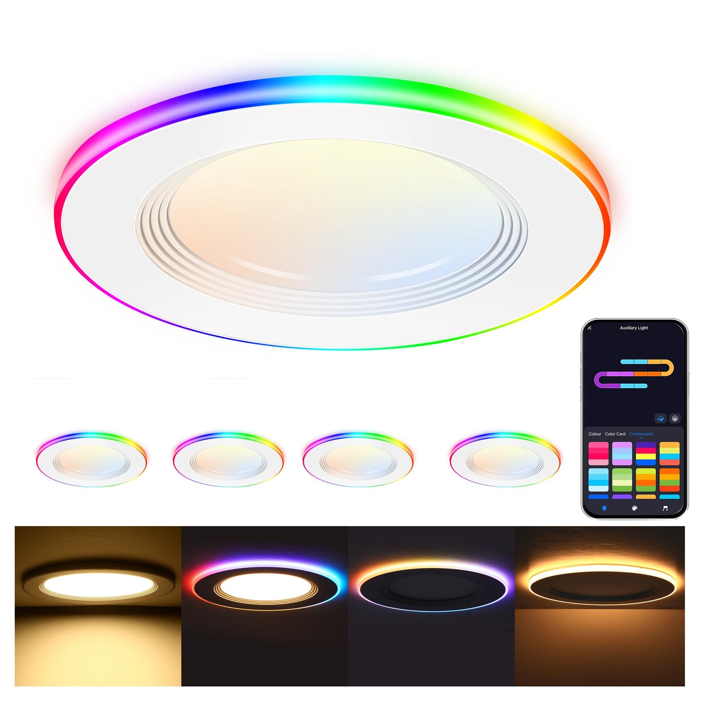 CLOUDY BAY [4 Pack] 4 Inch RGB Smart Recessed Lighting with Gradient Accent Light and Night Light,13W Recessed Lights Ultra-Thin Can-Killer Downlight, Compatible with Alexa and Google Home Assistant