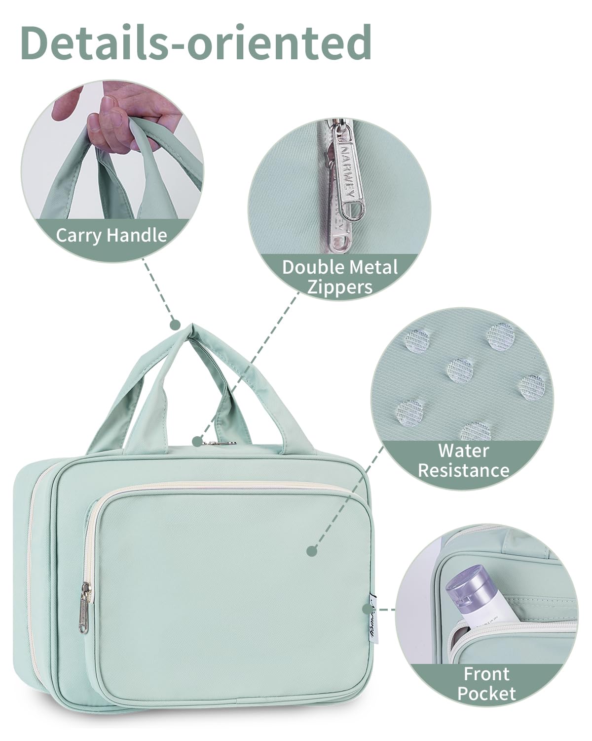 Narwey Hanging Travel Toiletry Bag for Women Wash Bag Cosmetics Makeup Bag Organizer for Travel Size Accessories (Mint Green (Medium))