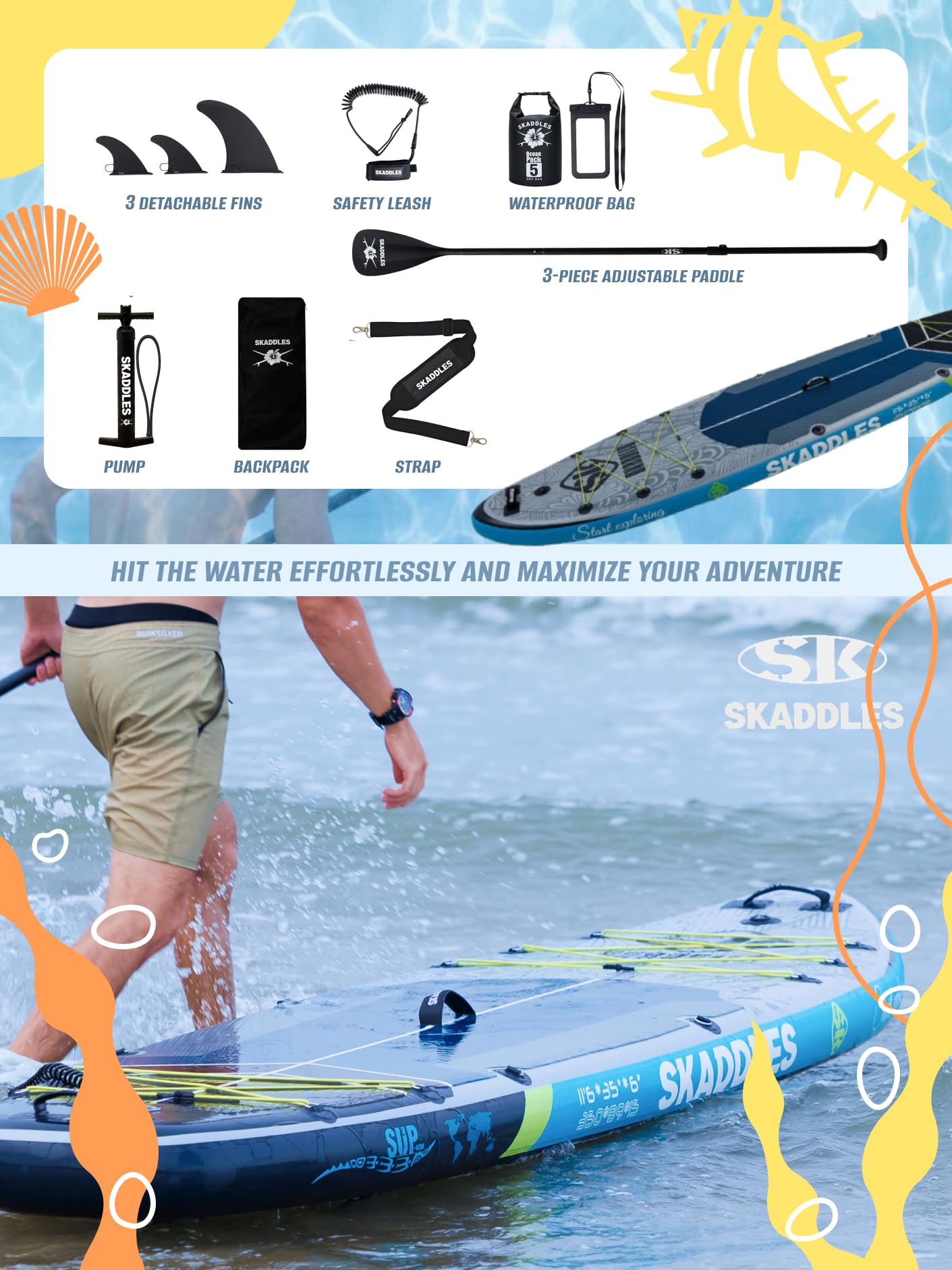 SKADDLES 11’6 × 35" Inflatable SUP–Super Wide, Stable Stand Up Paddle Board for Adults, Youth, Family & Pets, High Weight Capacity, Non-Slip EVA Deck, Premium Accessories (FLASHLINE · Ghost Shad)