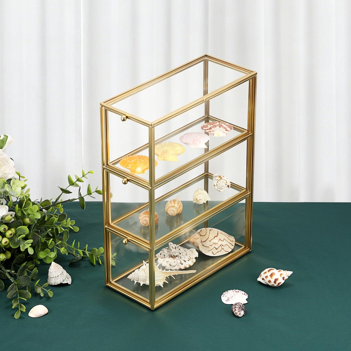 JUXYES Tabletop Brass Glass Rock Display Case with 3 Drawers - Modern Clear Rocks Collections Display Case Box - Gold Dust Proof Case Small Shelf for Collectible, Mineral Crystal, Rock, Stones
