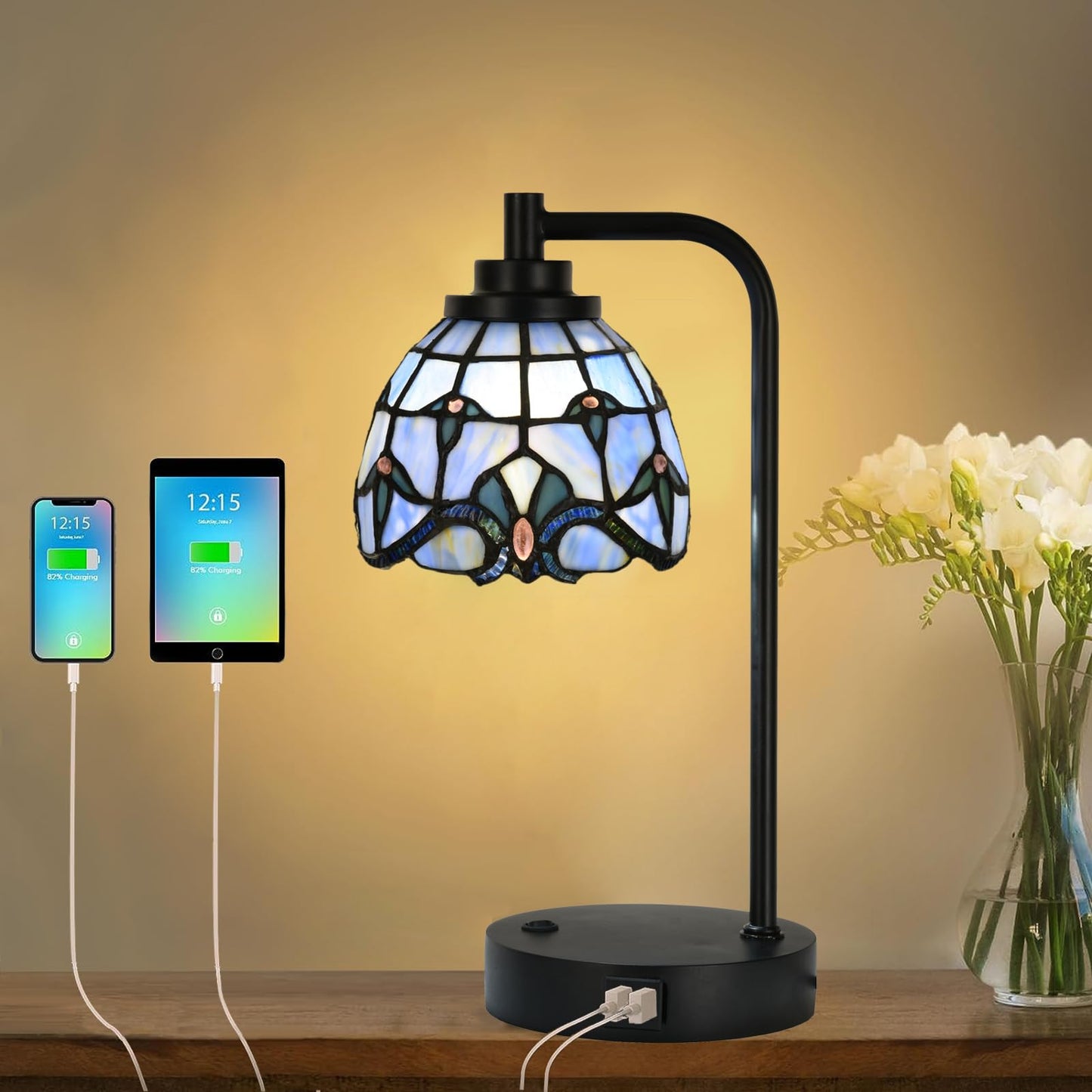 HomeBeauty TL0016 Tiffany Style Stained Glass Table Lamp with USB Charging Ports, Desk Lamp with Blue Baroque Lamp Shade, Retro Nightstand H 14.5" for Bedroom Office, LED Bulb Included (Blue)