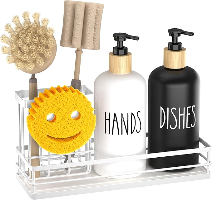 Moforoco Kitchen Dish Soap Dispenser Set, 16OZ Glass Bottle, Hand and Dish Soap