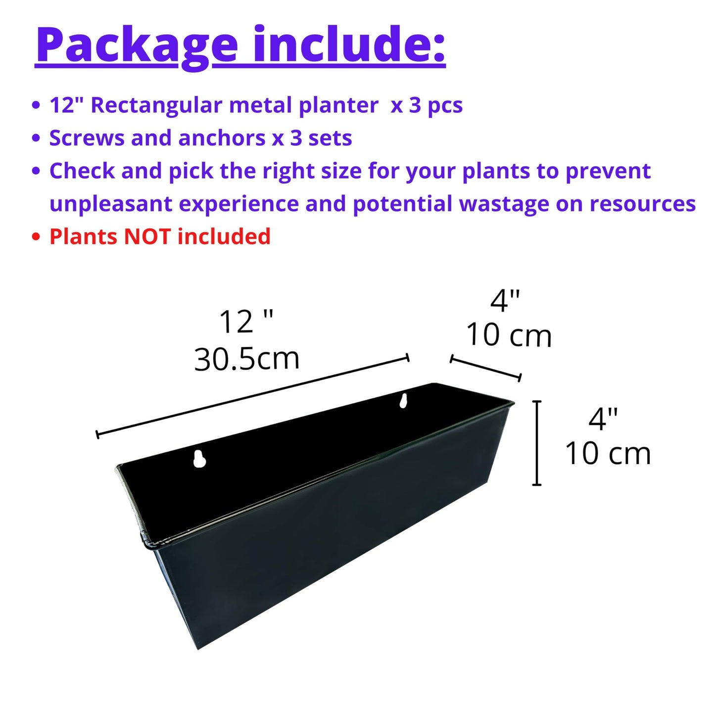 LaLaGreen Wall Planter (3 Pack, 12 Inch) Large Wall Mount Succulent Planters Black, Wall Hanging Rectangular Metal Flower Pot Window Planter Box Fence Railing Minimalist Floating Shelve Indoor Outdoor