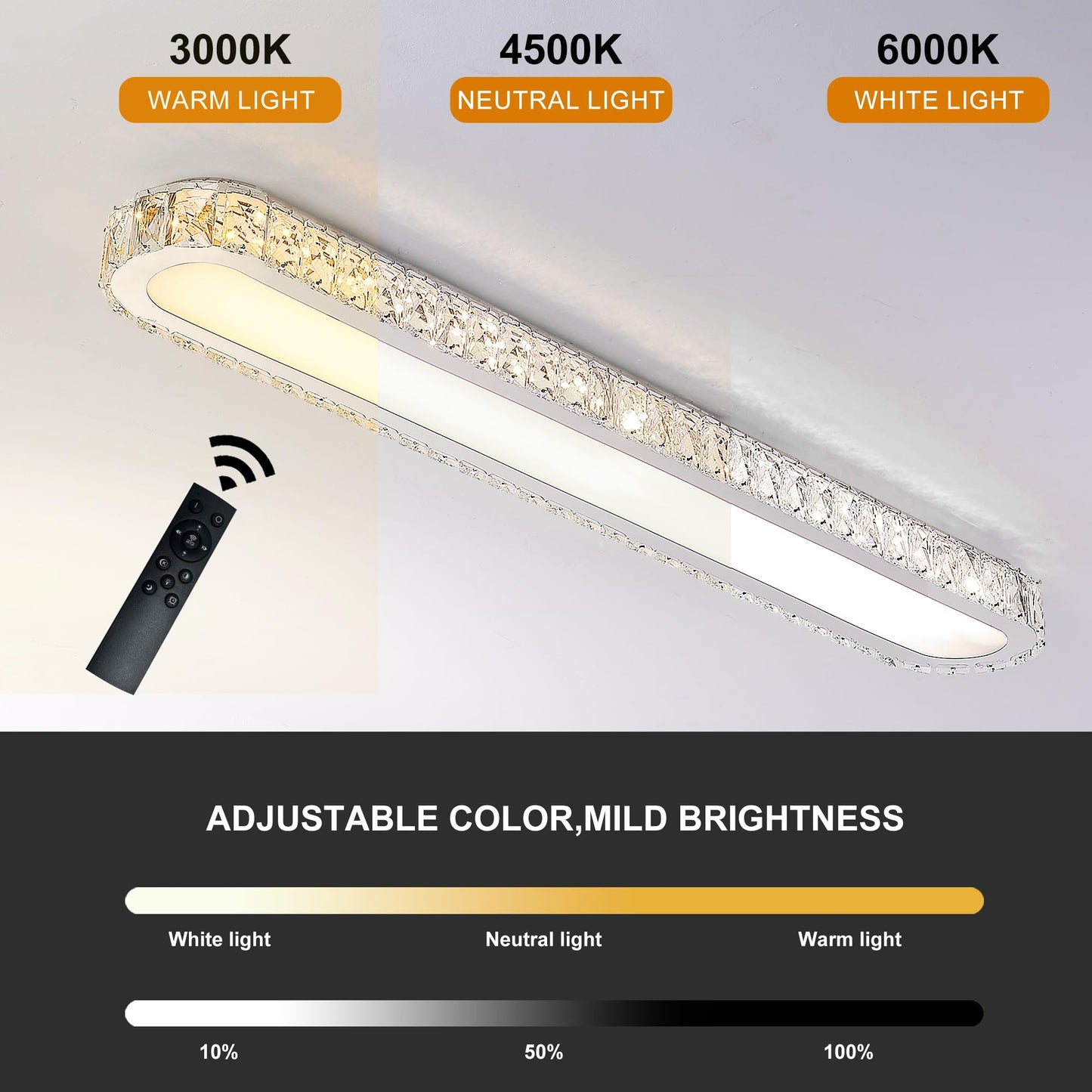 Qcyuui Dimmable LED Ceiling Light 39.4'' Kitchen Lighting Fixtures Ceiling Modern Luxury Crystal Ceiling Light with Remote Chrome Long Ceiling Light Fixture for Kitchen Dining Room Hallway,48W