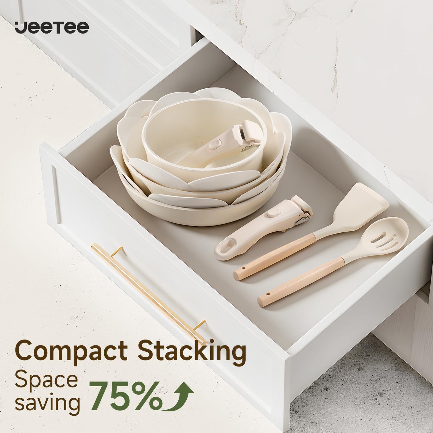 JEETEE Pots and Pans Set Non Stick 19pcs, Kitchen Cookware Sets with Detachable Handle, Induction Nonstick Cookware Set with Removable Handle, Stackable RV Cookware, Oven Safe, PFAS/PFOA Free, Beige