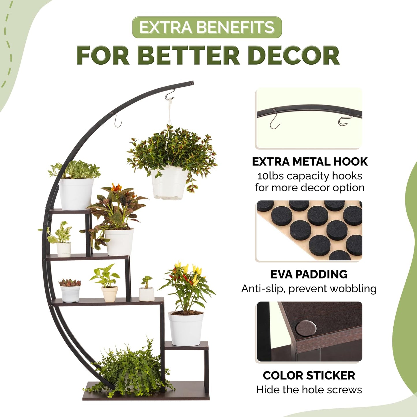 IDZO Metal Half Moon Plant Stand, Indoor Multiple Shelf for Planters, Dark Brown, Ideal for Living Room, Balcony & Bedroom Decoration, Upgraded, 2pcs