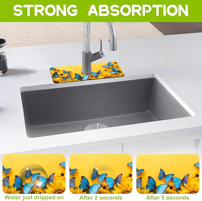 Kitchen Sink Splash Sunflowers and Blue Butterflies Guard Faucet Mat Super